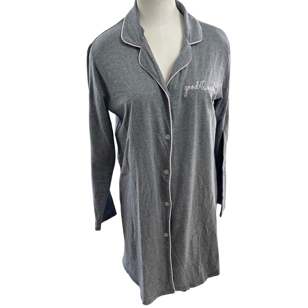 Laura‎ Ashley Nightgown Womens Medium Gray Long Sleeve Button Front Sleep Shirt